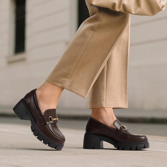 Dream Pairs Women Brown Platform Chunky Heeled Slip On Loafers with Horsebit - Picture 3 of 8